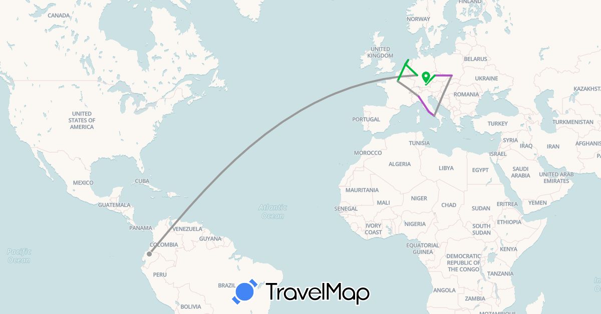TravelMap itinerary: driving, bus, plane, train in Czech Republic, Germany, Ecuador, France, Italy, Netherlands, Poland (Europe, South America)
